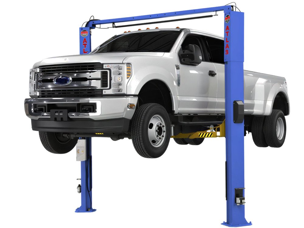 Atlas two-post lift raising a pickup truck